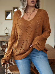 Solid Pointelle Long Sleeve V Neck Sweater