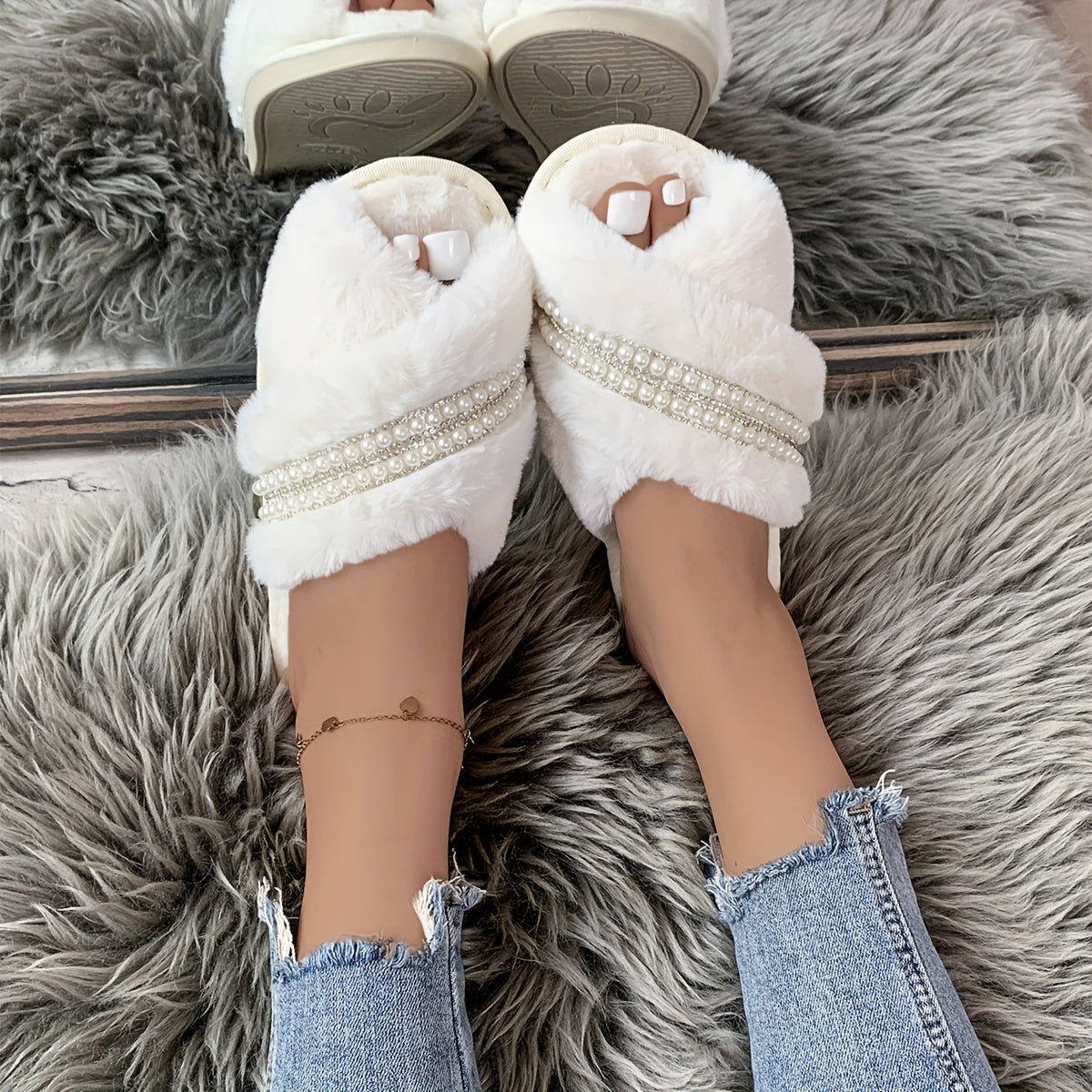 Women's Fluffy Cross Strap Slippers with Faux Pearl Decor