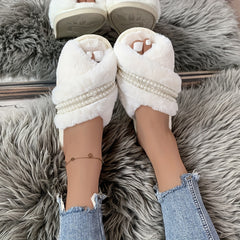 Women's Fluffy Cross Strap Slippers with Faux Pearl Decor