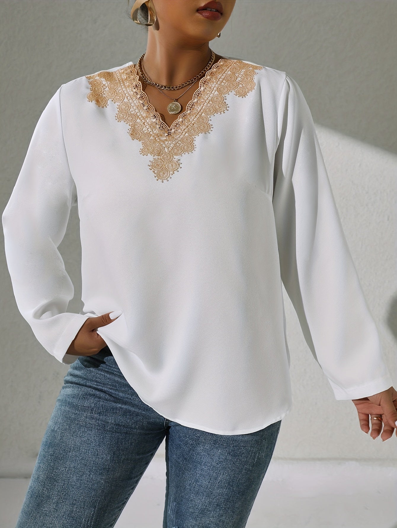Colorblock Lace V-Neck Top
