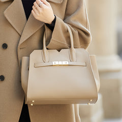 Large Capacity Beige Leather Handbag with Adjustable Strap
