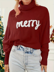 Women's Plus Letter Patch Bat Sleeve Turtle Neck Sweater