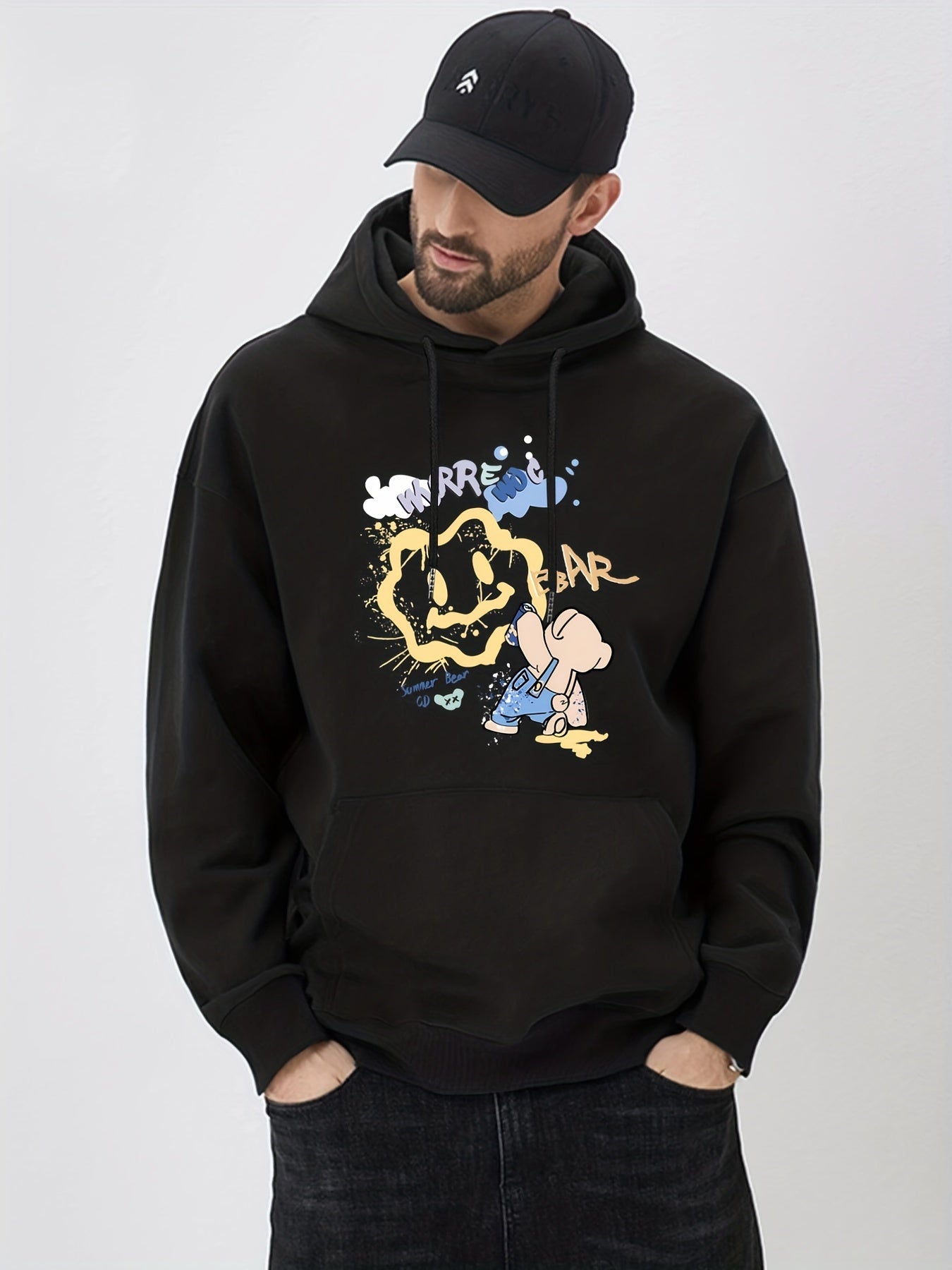 Cartoon Bear & Smile Face Print Hoodie for Men