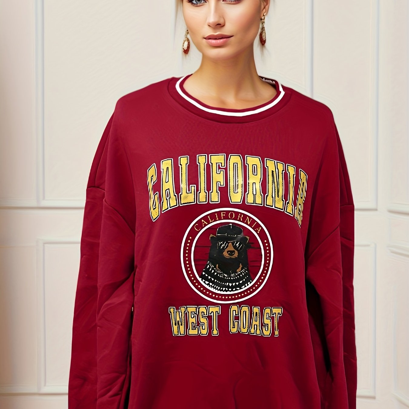 California Letter Print Sweatshirt Crew Neck Long Sleeve Casual Women's Top