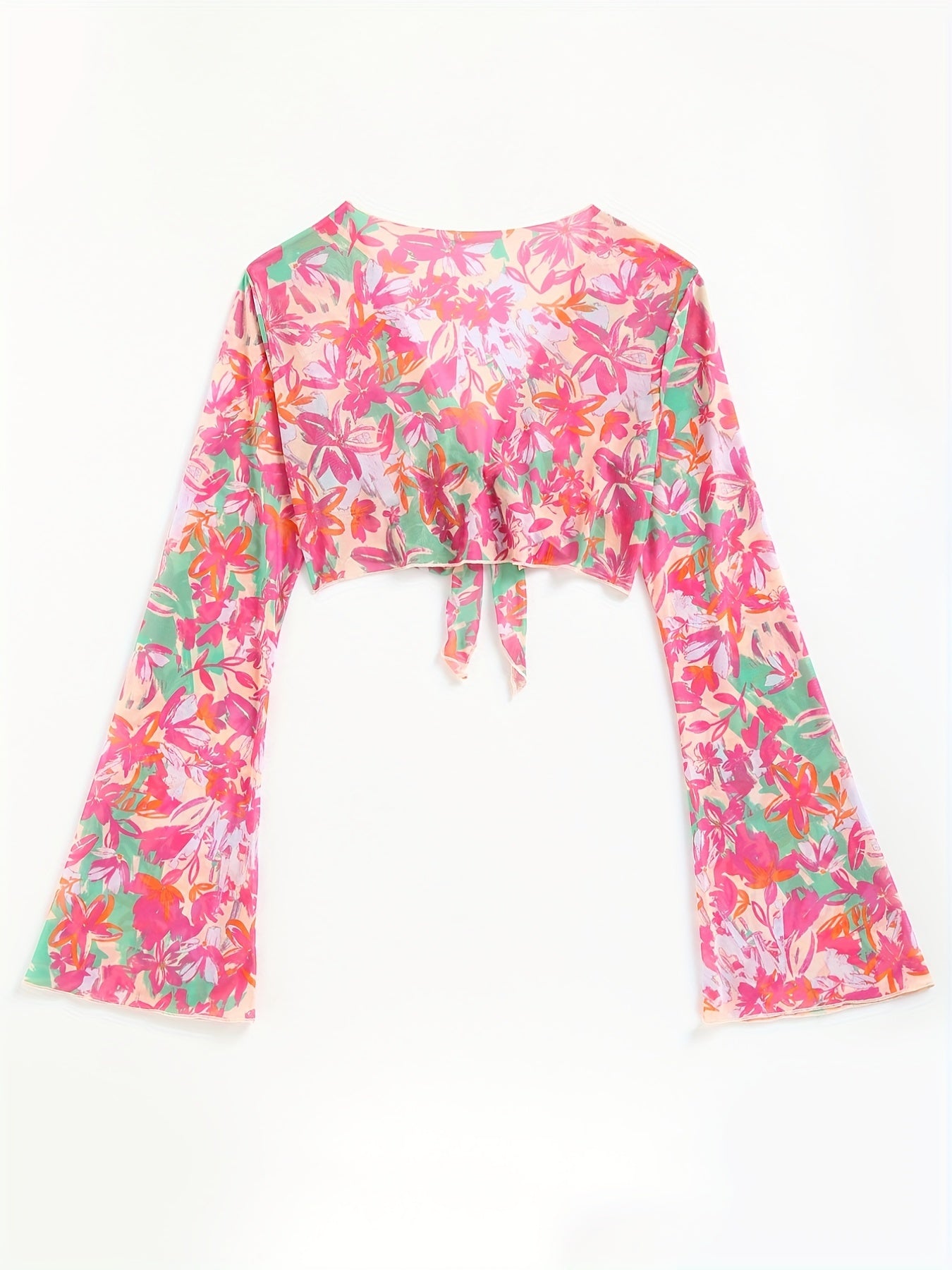 Floral Print Bell Sleeve Cover Up V Neck Stretchy Crop Beach Sun Protection