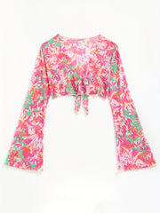 Floral Print Bell Sleeve Cover Up V Neck Stretchy Crop Beach Sun Protection