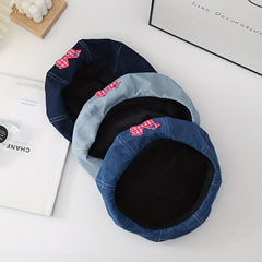 Pink Bowknot Patch Beret Denim Painter Cap Lightweight Hats