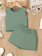 2pcs Toddler Girls Ribbed Knit Tank Top & Bow Front Shorts Set
