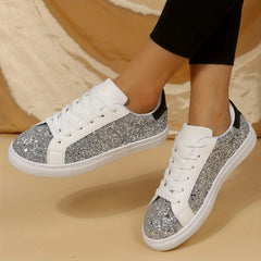 Sequin Decor Glitter Faux Leather Low Cut Lace Up Skate Shoes