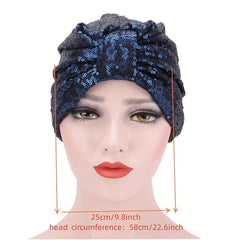 Sequin Bowknot Turban Cap Elastic Head Wrap Ramadan Head Scarf for Women