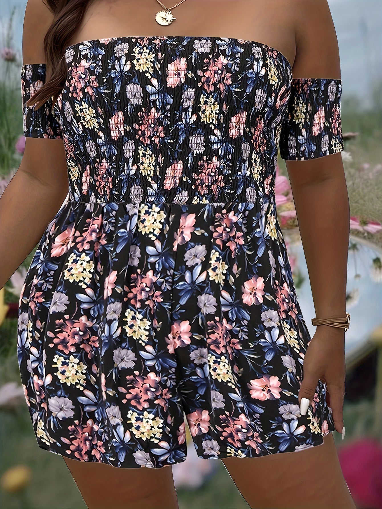 Floral Print Tube Romper Women's Plus Shirred Slight Stretch