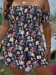 Floral Print Tube Romper Women's Plus Shirred Slight Stretch