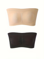 2pcs Ruched Strapless Bandeau Bras Stretchy Intimates Bra Women's Lingerie