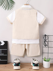 Boys Formal Gentleman Outfits Short Sleeve Shirt&Shorts&Vest Kids Clothing Set