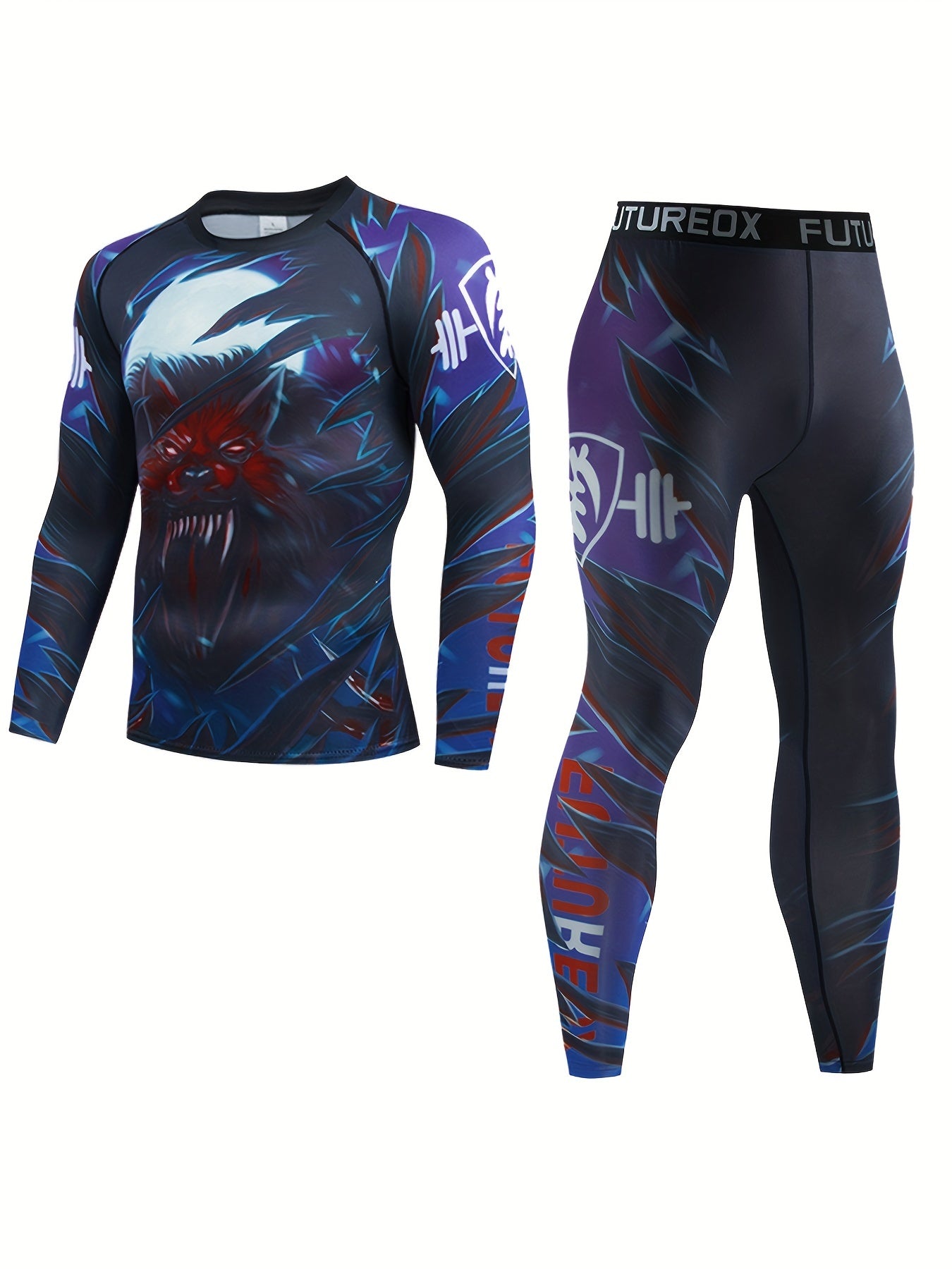 Men's Wolf Pattern Compression Crew Neck Shirt & Pants Set