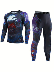 Men's Wolf Pattern Compression Crew Neck Shirt & Pants Set
