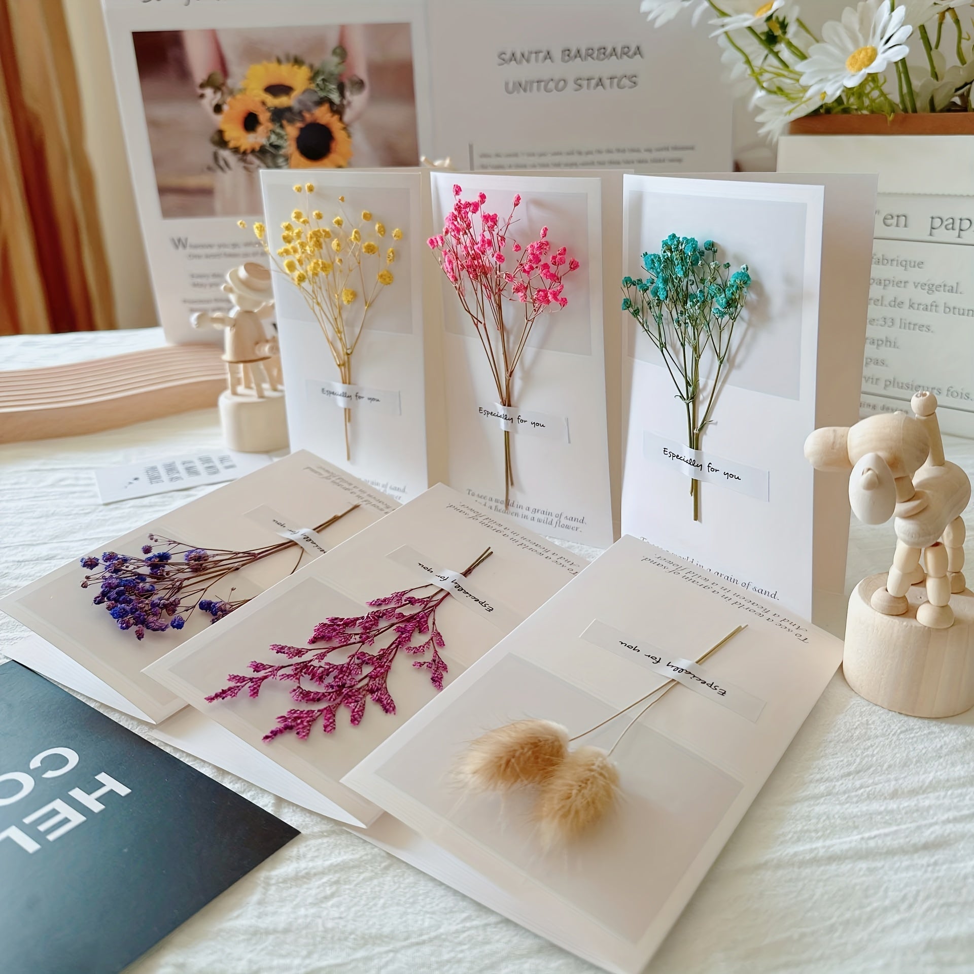 4pcs Gypsophila Dried Flower Cards for Birthday Thanksgiving Romantic Bouquet