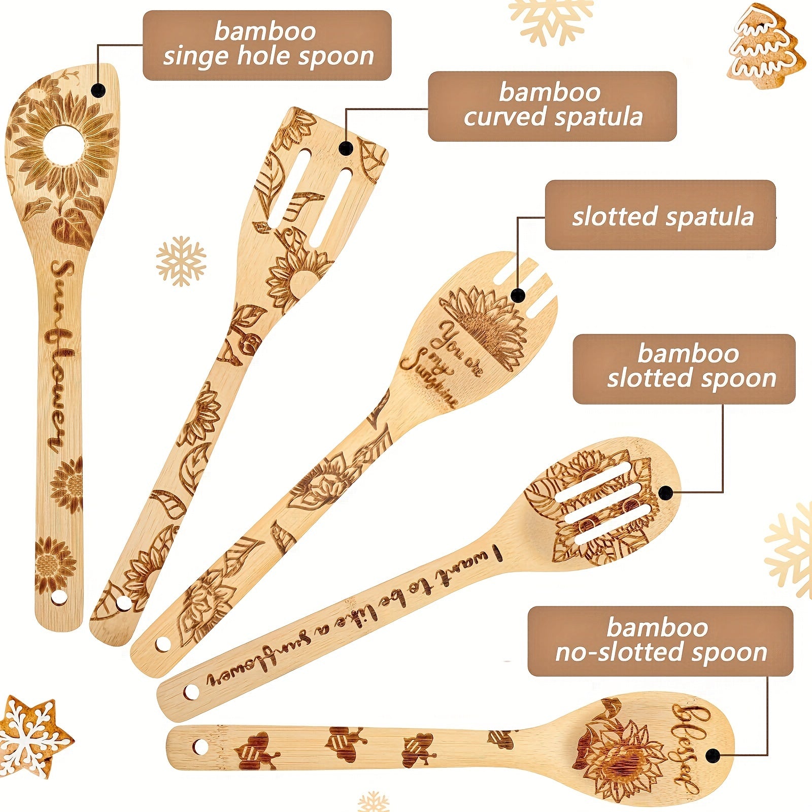 5pcs Sunflower Bamboo Utensils Set, Halloween Decorative Wooden Cooking Tools