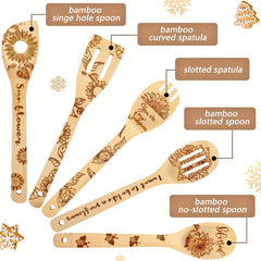 5pcs Sunflower Bamboo Utensils Set, Halloween Decorative Wooden Cooking Tools