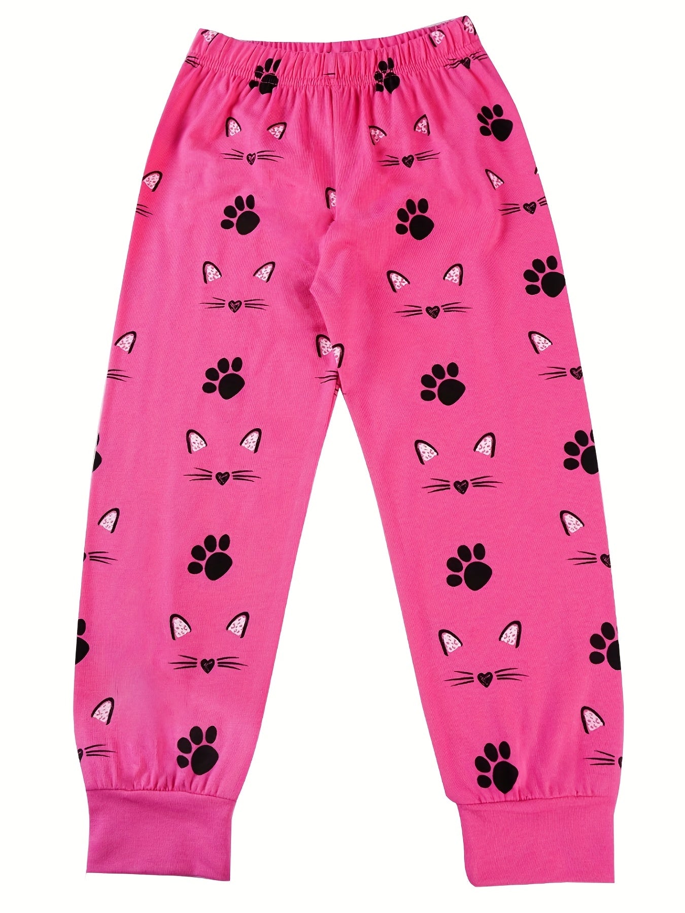 Girls Cat Print Pajama Set Long Sleeve Round Neck Pullover Comfy Homewear