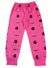 Girls Cat Print Pajama Set Long Sleeve Round Neck Pullover Comfy Homewear