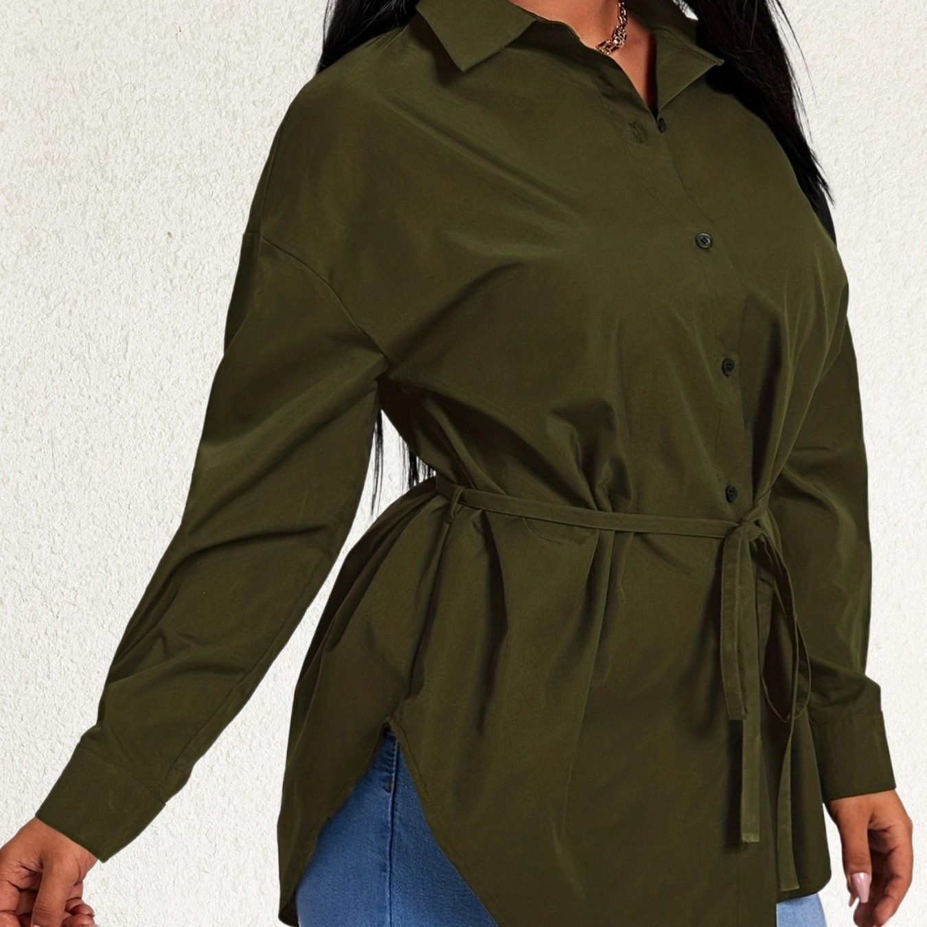 Women's Plus Long Sleeve Casual Blouse with Belt