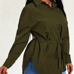 Women's Plus Long Sleeve Casual Blouse with Belt