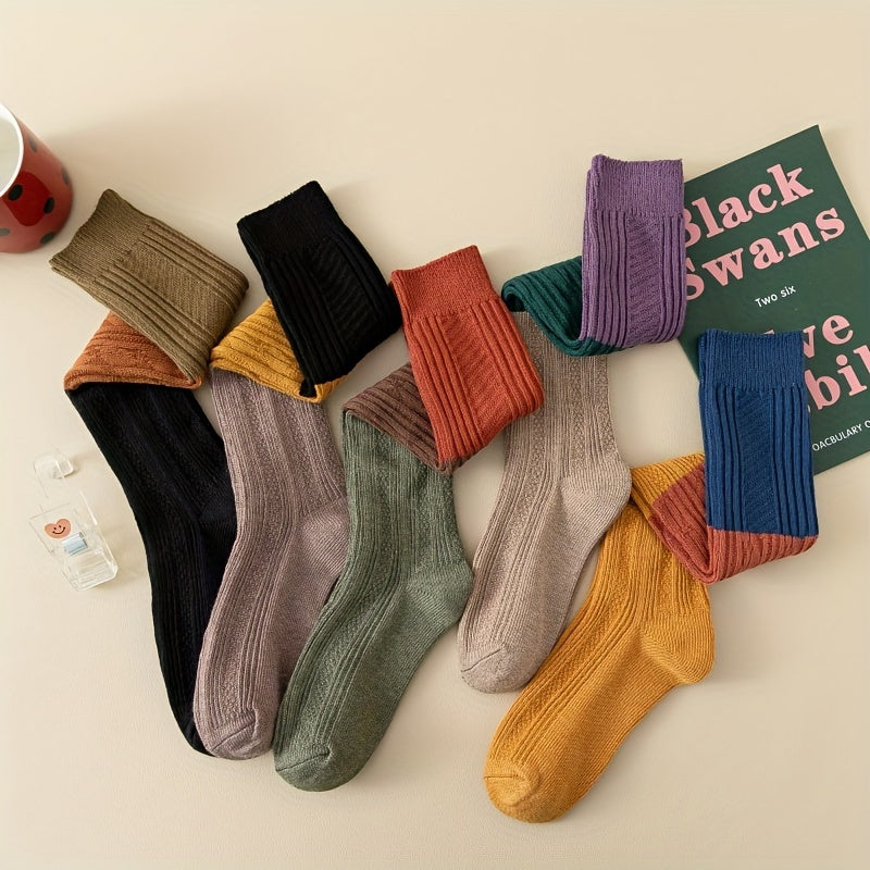 5 Pairs Colorblock Calf Socks College Style Knee High Women's Stockings