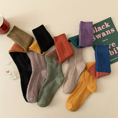 5 Pairs Colorblock Calf Socks College Style Knee High Women's Stockings
