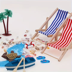 Summer Beach Dollhouse Set with Wooden Chairs, Plastic Seashells, and Umbrellas
