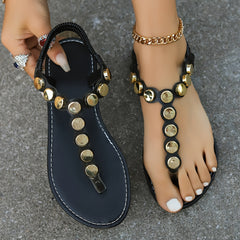 Women's Flat Sandals Studded Decor Elastic Strap Lightweight Shoes