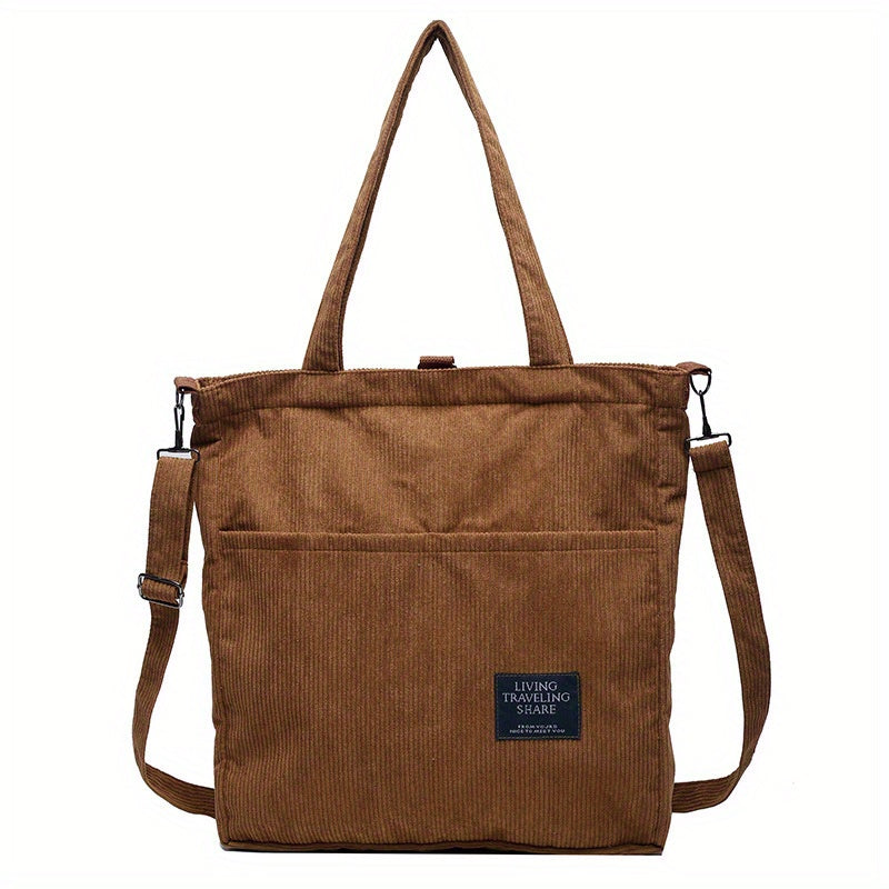 Corduroy Tote Bag with Letter Patch Decor Large Capacity Crossbody Bag