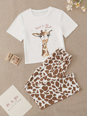 Giraffe Print Pajamas Set Short Sleeve Crew Neck Top & Pants