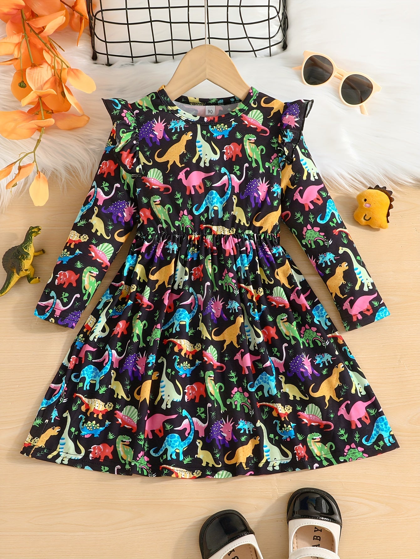 Stylish Dinosaurs Full Print Long Sleeve Dress For Girls