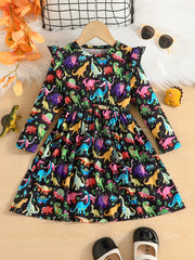 Stylish Dinosaurs Full Print Long Sleeve Dress For Girls