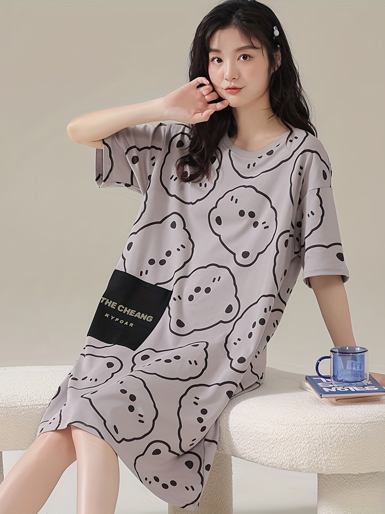 Bear Print NightDress Short Sleeve Pajama Dress Women's Sleepwear