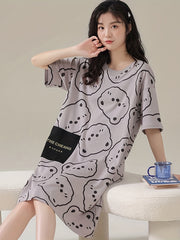 Bear Print NightDress Short Sleeve Pajama Dress Women's Sleepwear