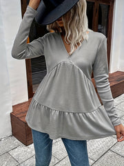 Solid Long Sleeve V Neck Knit Top