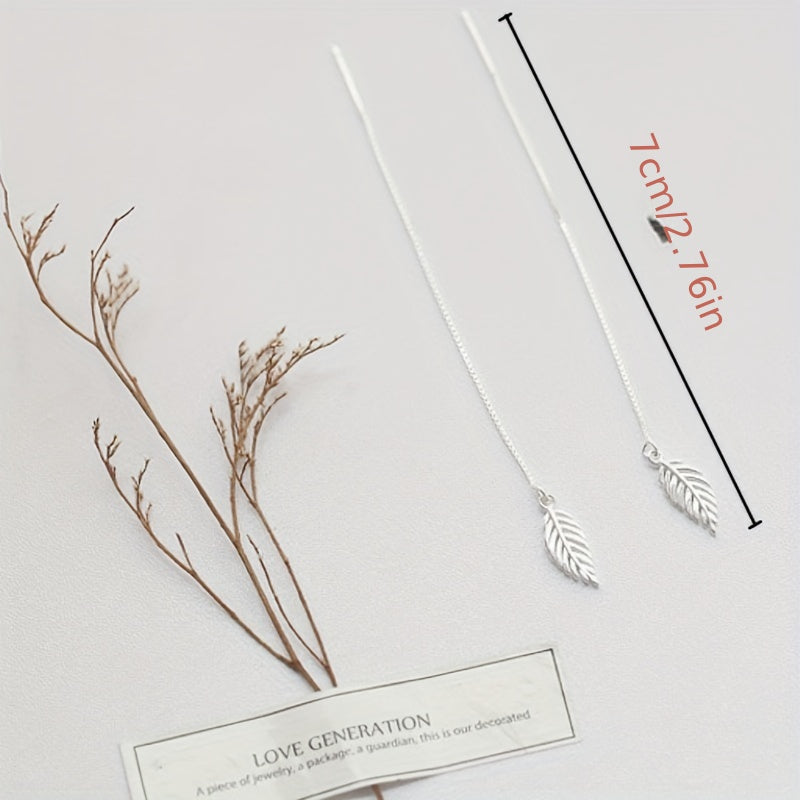 Silver Tassel Leaf Dangle Threader Earrings For Women