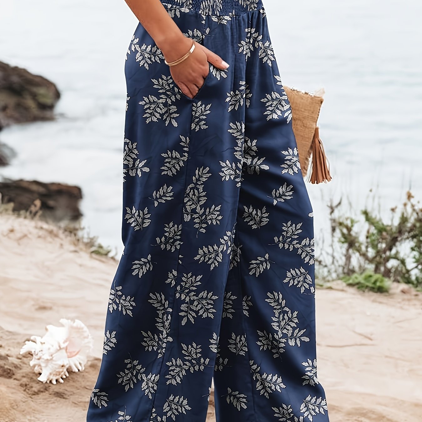 Women's Plus Floral Print Shirred Waist Wide Leg Trousers