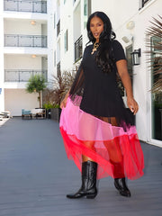 Contrast Mesh Short Sleeve Round Neck Layered Smock Maxi Dress