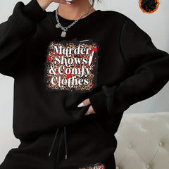 Halloween 2pcs Set Women's Plus Letter Print Sweatshirt & Shorts