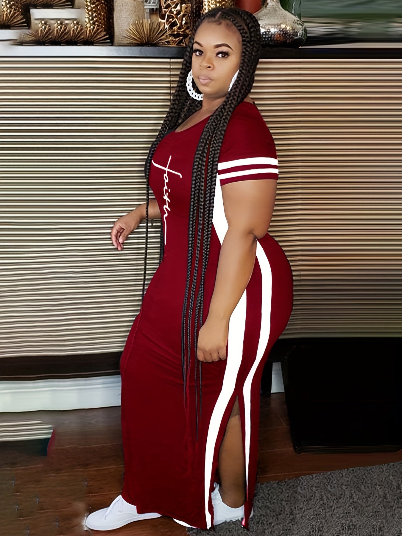 Women's Plus Art Letter & Stripe Print Dress