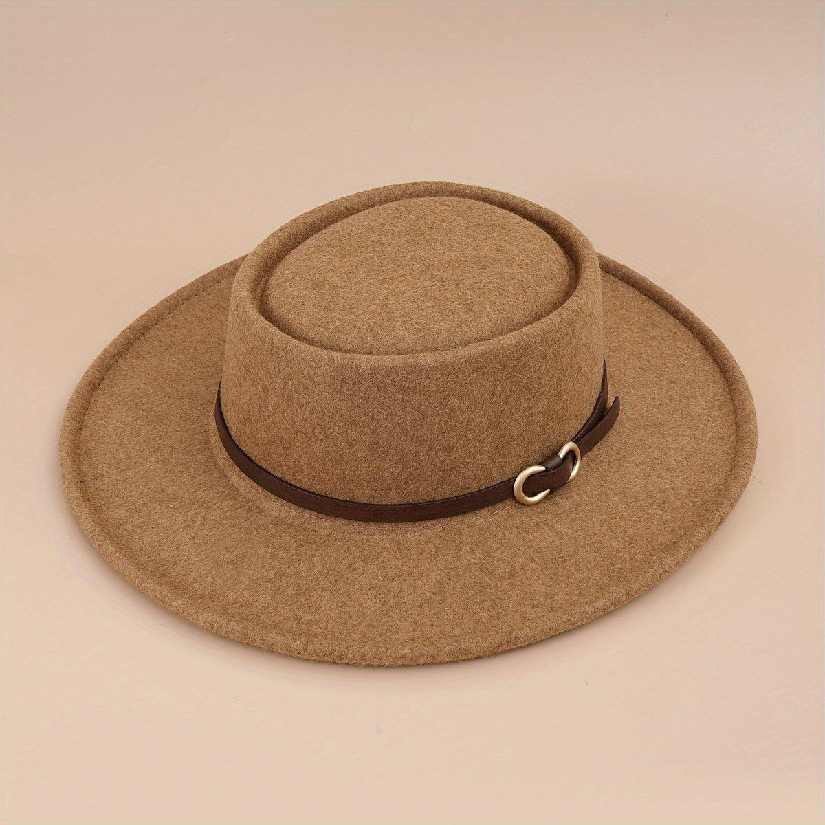 Buckle Flat Top Hat Wide Brim Sunshade Woolen Jazz Hat
