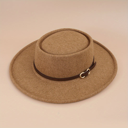 Buckle Flat Top Hat Wide Brim Sunshade Woolen Jazz Hat