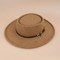 Buckle Flat Top Hat Wide Brim Sunshade Woolen Jazz Hat