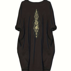 Women's Plus Moon & Sun Print Roll Up Sleeve Round Neck Dress