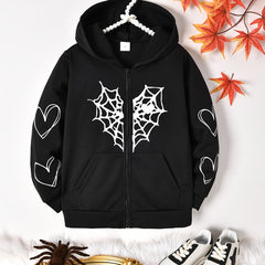 Girls Spider Web Heart Print Hoodie Jacket