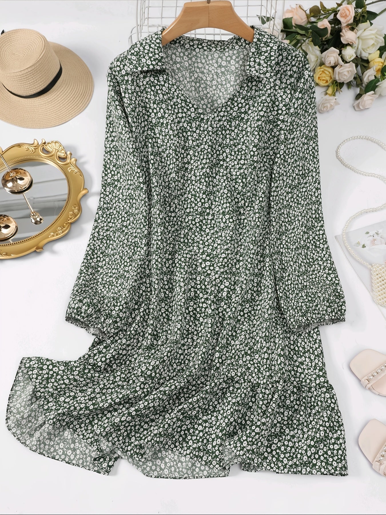 Floral Print V Neck Long Sleeve Dress Plus Size