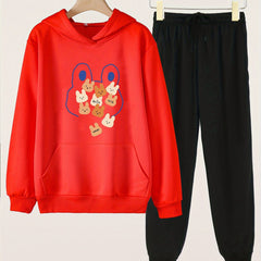 Cartoon Rabbit Print Hooded Outfit For Girls Hoodie & Pants Set